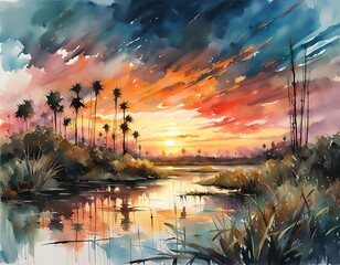 Watercolor painting of the everglades in Florida at sunset
