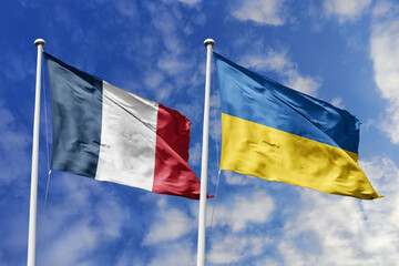 3d illustration. France and Ukraine Flag waving in sky. High detailed waving flag. 3D render. Waving in sky. Flags fluttered in the cloudy sky.