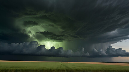 Dark stormy clouds over wheat field. Square panorama from two photos.Genrative.ai 
