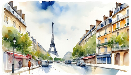 Charming watercolor illustration of a Parisian street with the iconic Eiffel Tower in the background, evoking romance and travel, ideal for Bastille Day promotions