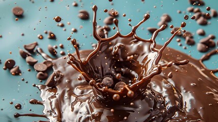  a chaotic yet beautiful splash of chocolate, its randomness contained within a circular frame against a teal background.