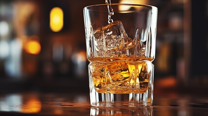 A glistening glass of whiskey with ice, set against the warm backdrop of a cozy bar