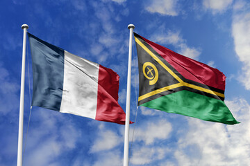 3d illustration. France and Vanuatu Flag waving in sky. High detailed waving flag. 3D render. Waving in sky. Flags fluttered in the cloudy sky.