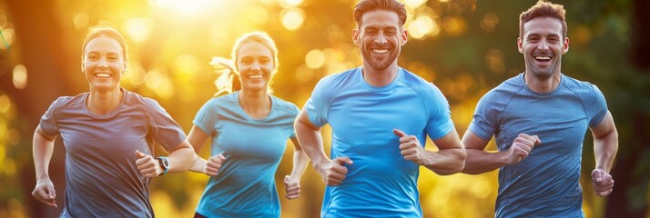 Ecstatic group of friends jogging in park at sunrise dressed in athletic clothing