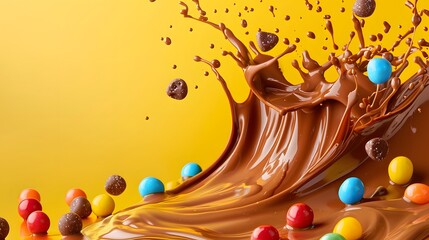  a wave of chocolate with colorful candy pieces suspended within