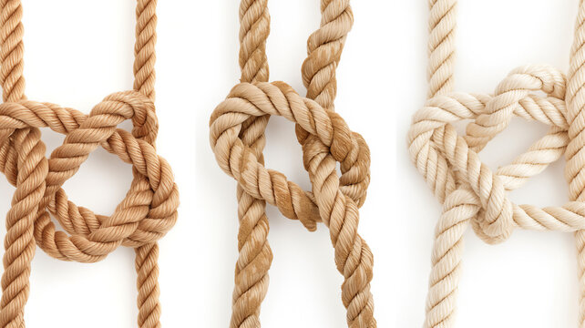 Three different types of knots tied in thick ropes displayed against a white background.