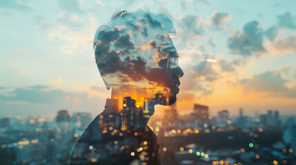 Fototapeta premium Double exposure, man with cityscape in background, lifestyle cloud sky portrait technology