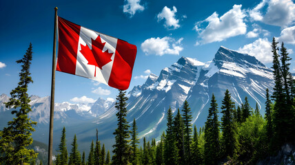 Canada day banner, canada flag on mountain landscape background with place for text