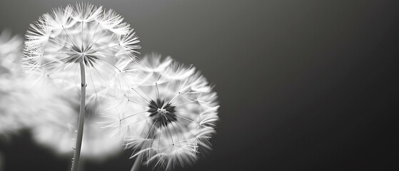 Dandelions in black and white, springtime silhouette meadow black color uncultivated