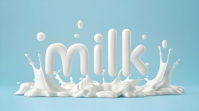 banner for world milk day, on a blue background with white 3D letters the text "milk" and splashes of milk