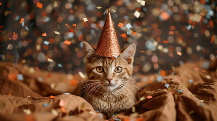 A Cat wearing a party hat is celebrating a birthday party, surrounded by falling confetti