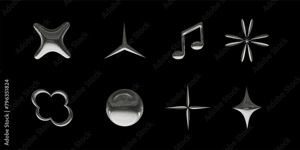 Poster set of 3d icons with chrome effect in y2k style. vector illustration for retro futuristic design