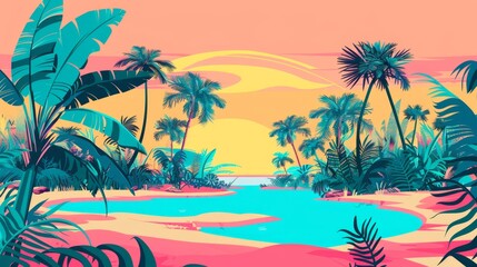 Obraz premium A vibrant desert oasis in pop art style, lush palm trees, turquoise water, simplified shapes