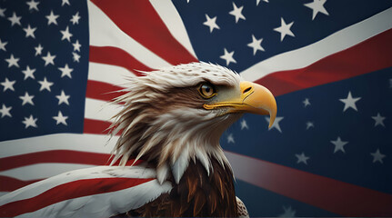 Digital composite: American bald eagle and flag is underlaid with the handwriting of the US Constitution. Genrative.ai 
