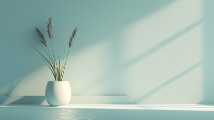 Minimalist interior with decorative grass in a white ceramic vase on a light blue background
