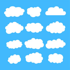 Cloud weather icon set on blue sky background.