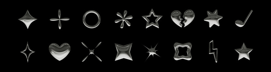 Set of 3d metal elements in y2k style. Vector illustration for retro futuristic design