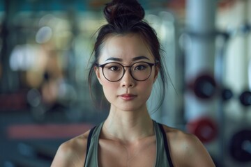 A young fitness enthusiast is captured with clear spectacles in a gym, radiating a look of...