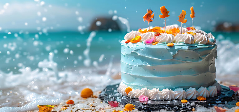 A birthday cake with colorful fish and twenty-one colorful candles on the beach