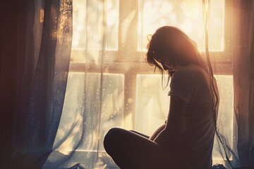 A peaceful image capturing the silhouette of a woman sitting by a window with sunlight streaming through, creating a warm, contemplative mood - obrazy, fototapety, plakaty