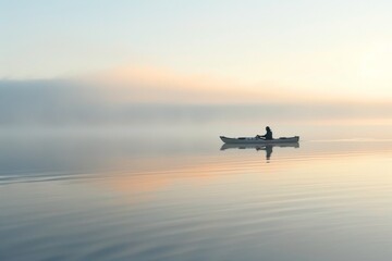 An individual canoeing on a peaceful lake enveloped in mist, creating a tranquil setting - obrazy, fototapety, plakaty