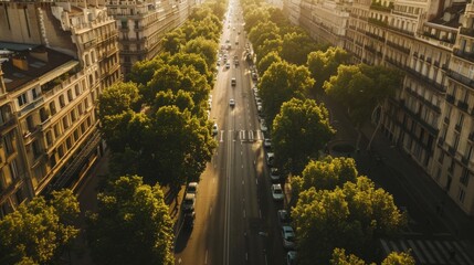 Aerial shot of a grand boulevard lined with trees, sunlight filtering through leaves, elegant buildings