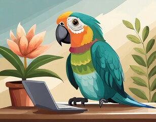 illustration of a cute parrot sitting on the table next to a laptop and a flower in a pot