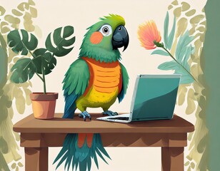 illustration of a cute parrot sitting on the table next to a laptop and a flower in a pot