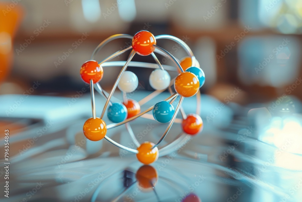 Poster this vibrant and detailed image depicts a model of an atom with colorful spheres, conceptualizing mo