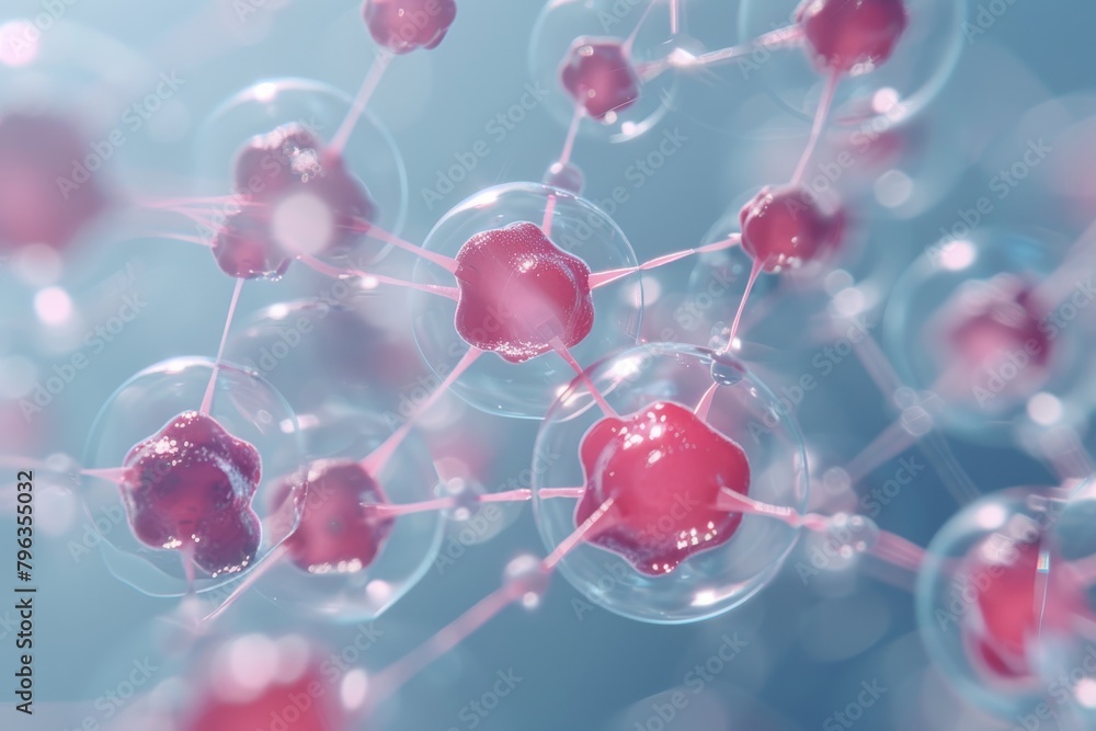 Aufkleber This image features a network of interconnected molecules in a pink and red palette, representing complex biological or chemical systems