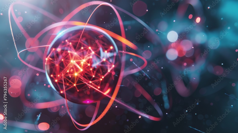 Poster showing an abstract, colorful depiction of an atom with electrons orbiting around a nucleus, illustr