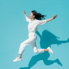 asian woman jumping on blue background 