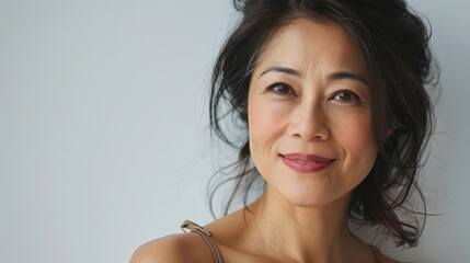 beauty photo, middle age woman, asian woman, white background, smile