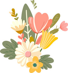 A bouquet of cute cartoon flat elements (buds, leaves) in vintage colors on a white background.For banners, posters, cards, labels, stickers, advertising. Spring digital illustration.