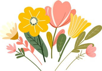 A bouquet of cute cartoon flat elements (buds, leaves) in vintage colors on a white background.For banners, posters, cards, labels, stickers, advertising. Spring digital illustration.