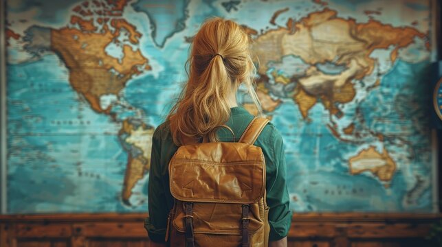 A young woman with long blonde hair, wearing a green jacket, looks at a large world map with a brown backpack