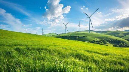 A beautiful green landscape with wind turbines in the background depicting the potential of renewable energy sources like biofuels to create a sustainable future for the world. .