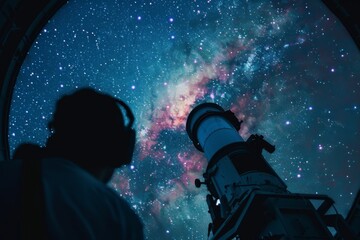 A lone stargazer captured in silhouette form against a backdrop of a mesmerizing nebula and vast star field - obrazy, fototapety, plakaty