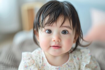 Adorable baby girl with big eyes and a cute smile, indoors with soft focus