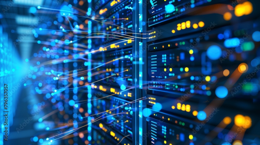 Poster a pixelated tangle of brightly colored network cables behind a server rack, creating a chaotic yet n