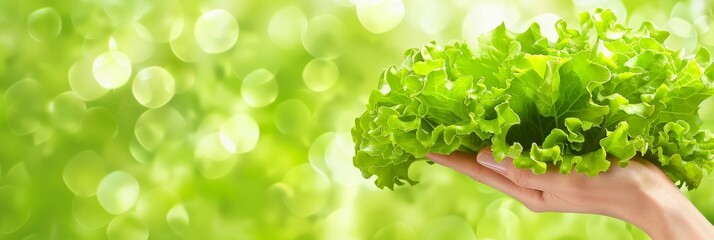 Hand holding crisp lettuce leaves, assorted lettuce on blurred background with space for text