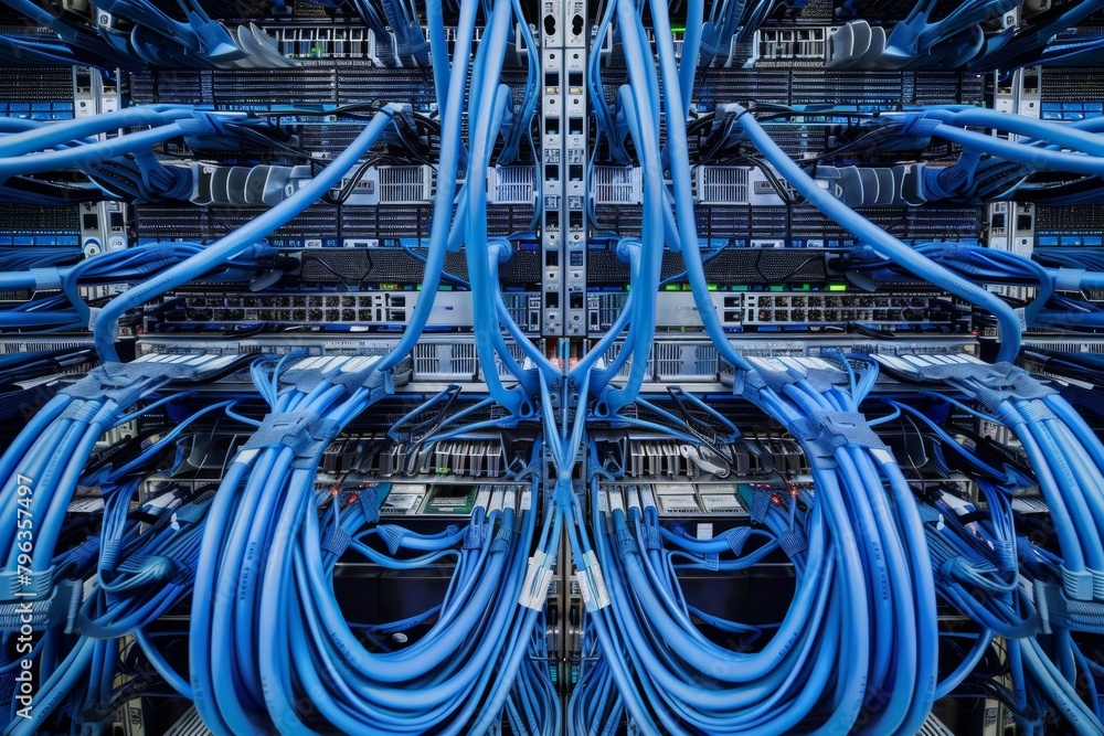 Poster a pixelated tangle of brightly colored network cables behind a server rack, creating a chaotic yet n