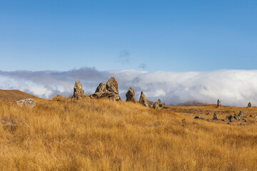 Standing stones in Zorats-Karer or Karahunj. Syunik region of Armenia.