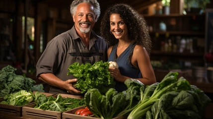 a man and woman standing next to a bunch of vegetables