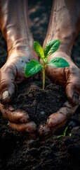 Close-up image of hands holding a seedling in fertile soil, conveying growth, care, and environmental responsibility