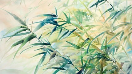 A watercolor painting featuring tall swaying blades of bamboo highlighting its fast growth rate and potential use as a renewable energy source. .