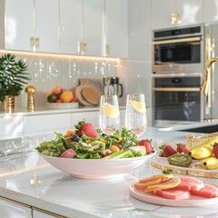 A bright, modern kitchen filled with natural light showcasing a healthy fruit bowl and elegant interior design