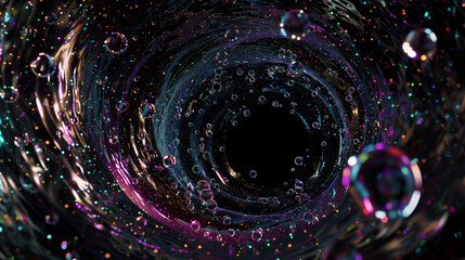 Iridescent droplets form celestial patterns within a circular black void.