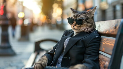 A cool cat sporting sunglasses and a formal suit, sitting on a city bench amidst bustling streets. Ai generated. Ai generated - Powered by Adobe
