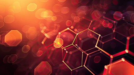 Background red hexagons transitioning to bright orange. Embrace the blend of modern design and digital innovation.